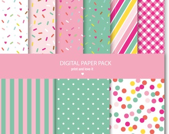 sprinkles ice cream  digital paper, green pink scrapbook papers, summer wallpaper