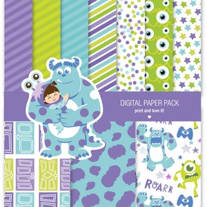 Könnte beinhalten: Digitales Papierpaket mit verschiedenen Mustern und Illustrationen. Enthält ein blaues Monster, das ein Kind hält, sowie Designs von Türen, Punkten, Streifen und Monsteraugen. Der Text "DIGITAL PAPER PACK print and love it!" ist ebenfalls enthalten.