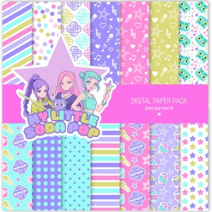 May include: A digital paper pack with a variety of patterns and illustrations. Designs include stripes, polka dots, and K-pop-themed graphics. The central image features three anime-style characters with the text "MY LITTLE SODA POP" and "DIGITAL PAPER PACK".