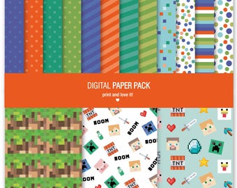 Op de afbeelding: Een digitaal papierpakket met diverse patronen, waaronder stippen, strepen en pixelachtige gamemotieven. De collectie bevat grasblokken, TNT, zwaarden, harten en karaktergezichten. De tekst luidt DIGITAL PAPER PACK print and love it!