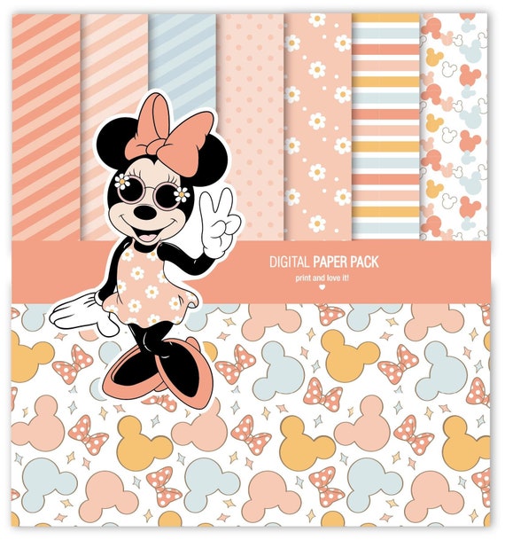 Minnie Summer Vibes Groovy Style Digital Paper Pack and Clip Art Printable. 12x12 sheets 200 dpi scrapbooking + 2 PNG + 2svg