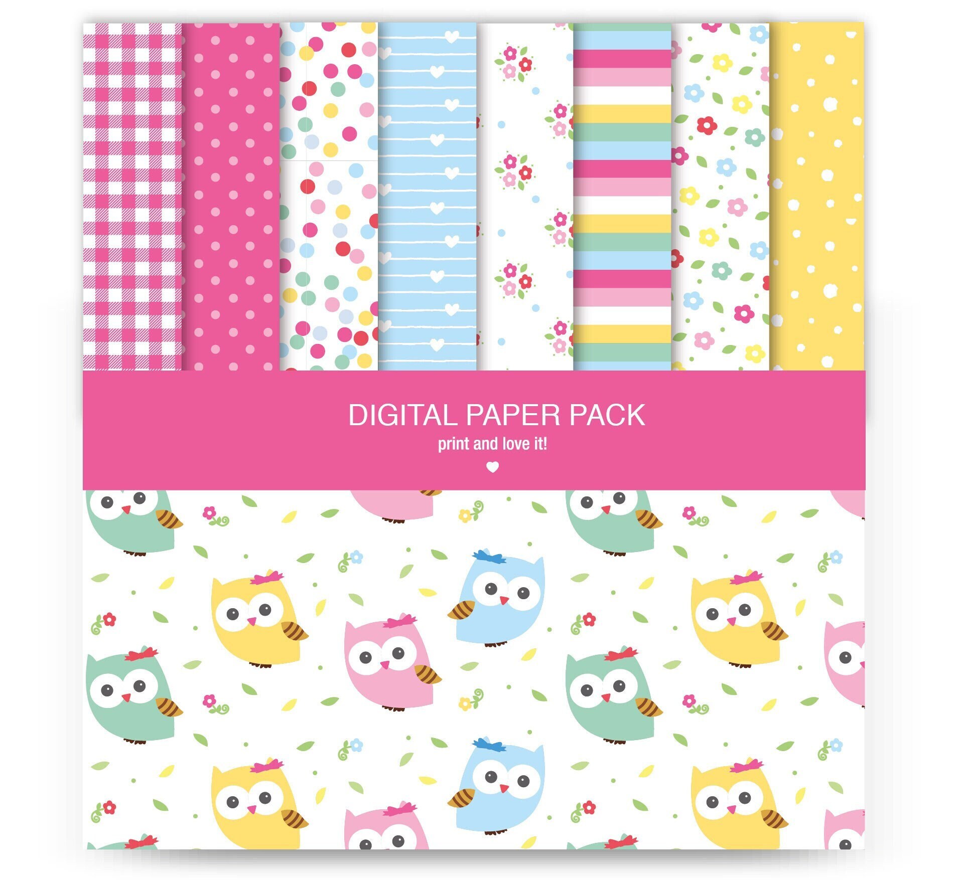 Owls Digital Paper, Pink,yellow, Green, Lightblue Scrapbook Papers, Owl ...