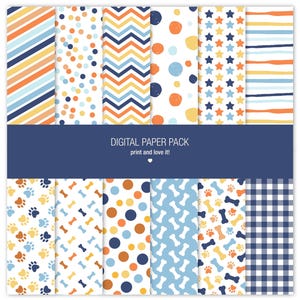Może przedstawiać: Pakiet papieru cyfrowego z różnymi wzorami w kolorze niebieskim, pomarańczowym i żółtym. Wzory obejmują paski, kropki, zygzaki, gwiazdy, odciski łap, kości i kratę vichy. Tekst "DIGITAL PAPER PACK print and love it!" jest wyświetlany na niebieskim banerze.
