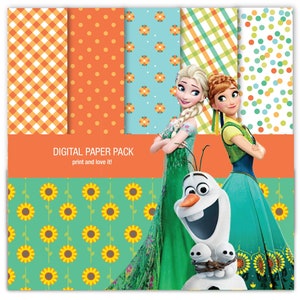 Pacchetto di carta digitale e clip art Frozen Fever stampabile. Fogli 12x12 200 dpi scrapbooking +5 PNG CLIPART