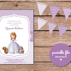 May include: Purple invitation with white polka dots and a white border. The invitation features a cartoon princess with a crown and a purple dress. The text on the invitation reads "Please join us for a royal celebration in honor of Princess Katleen. Sunday, July 28th at 2PM."