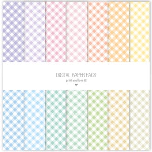 Pode incluir: Um pacote de papel digital apresentando uma coleção de padrões xadrez vichy em tons pastel de roxo, rosa, laranja, amarelo, azul, verde e bege. A faixa branca central exibe o texto DIGITAL PAPER PACK print and love it! com um coração.