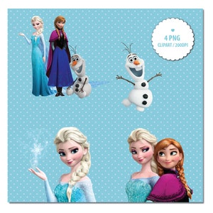 May include: Four digital images of characters from the animated movie Frozen. The images include Elsa, Anna, Olaf, and a snowman. The images are on a blue background with white polka dots.