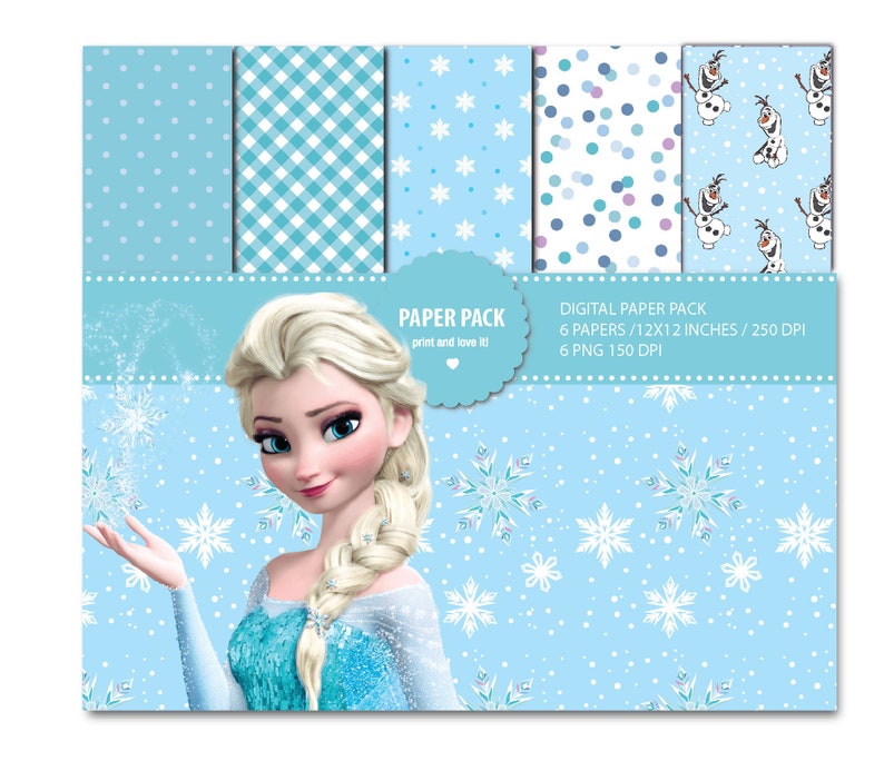 May include: Digital paper pack featuring six 12x12 inch designs with a Frozen theme. The designs include a blue polka dot pattern, a blue and white gingham pattern, a blue snowflake pattern, a blue confetti pattern, and two patterns featuring Olaf the snowman. The pack also includes six PNG files at 150 DPI.