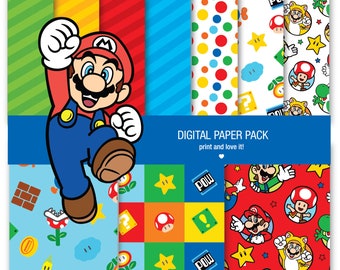 Pack de Papeles Digitales de Super Mario y Clip Art. 12x12 hojas 200dpi scrapbooking + 9 PNG CLIPART