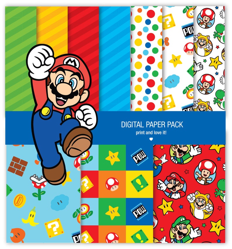 K&ouml;nnte beinhalten: Digitales Papierpaket mit acht verschiedenen Mustern mit Mario-Charakteren, Sternen, Fragezeichenbl&ouml;cken und Pilzen. Die Muster sind in Rot, Gelb, Blau, Gr&uuml;n und Wei&szlig;.