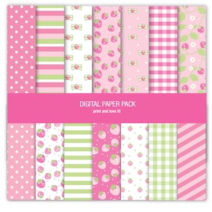 May include: A digital paper pack featuring various patterns in pink and green. Designs include polka dots, stripes, strawberries, and gingham. The text "DIGITAL PAPER PACK print and love it!" is displayed on a pink banner.