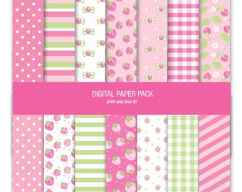 Papeles digitales de fresa, patrones de scrapbooking rosa (descarga digital)