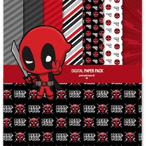 May include: Digital paper pack featuring a cartoon Deadpool character. The pack includes five different patterns: red and white stripes, black and white stripes, black with white Deadpool heads, white with black Deadpool heads, and red with white polka dots.