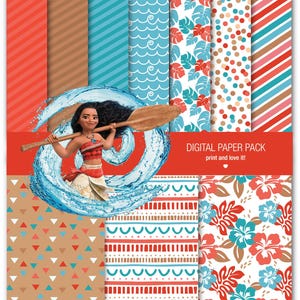 May include: Digital paper pack with a Moana theme. The pack includes 10 different patterns featuring tropical flowers, waves, stripes, and geometric designs in shades of blue, red, brown, and white. The text "DIGITAL PAPER PACK print and love it!" is at the top of the image.