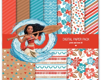 May include: Digital paper pack with a Moana theme. The pack includes 10 different patterns featuring tropical flowers, waves, stripes, and geometric designs in shades of blue, red, brown, and white. The text "DIGITAL PAPER PACK print and love it!" is at the top of the image.