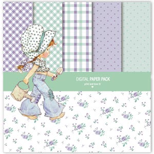 Puede incluir: Paquete de papel digital con cuatro patrones diferentes: vichy morado y verde, lunares morados, vichy verde y morado, y un patrón floral con flores moradas y hojas verdes. El paquete incluye una ilustración digital de una niña con una regadera y una pala.