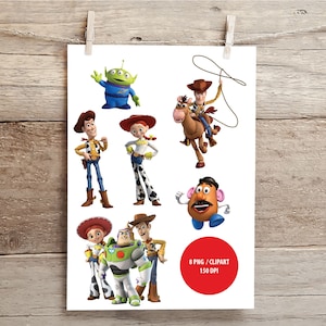 May include: A white print featuring various characters from the animated film Toy Story, including Woody, Buzz Lightyear, and Mr. Potato Head. The image includes a red circle with the text "8 PNG / CLIPART 150 DPI". The print is held by a wooden clothespin.