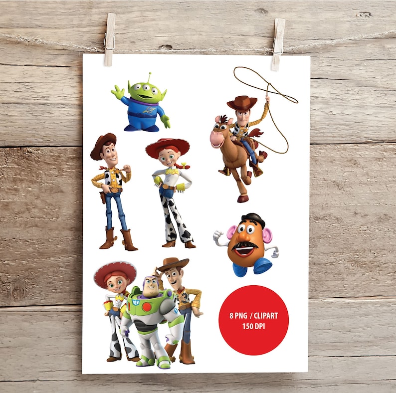 May include: A white print featuring various characters from the animated film Toy Story, including Woody, Buzz Lightyear, and Mr. Potato Head. The image includes a red circle with the text "8 PNG / CLIPART 150 DPI". The print is held by a wooden clothespin.