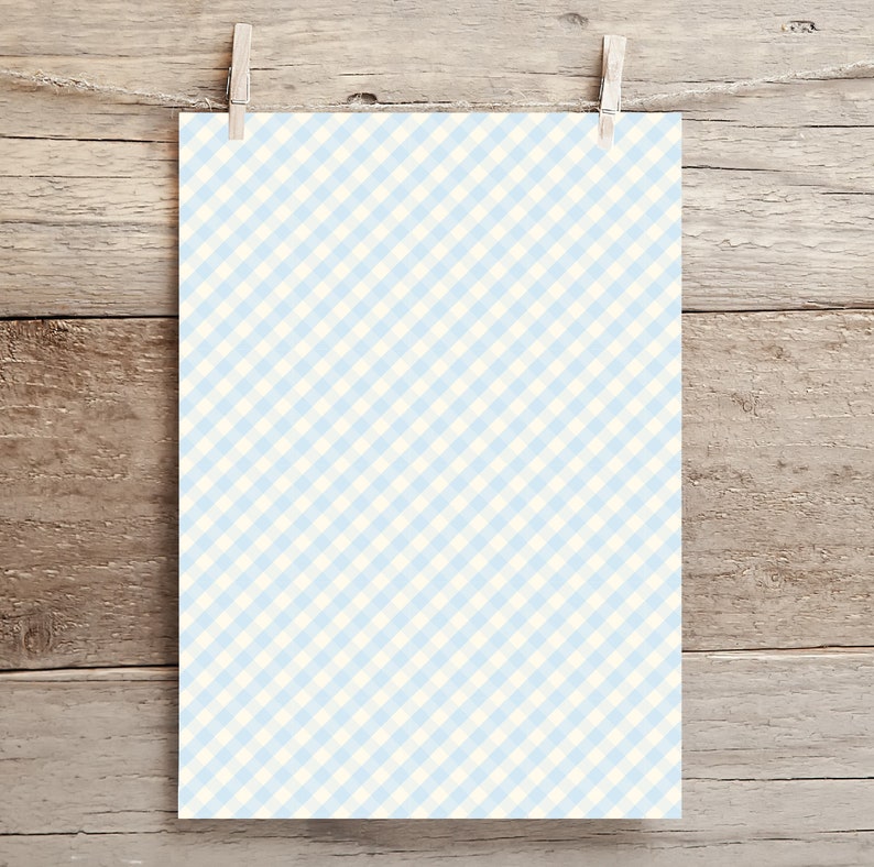 May include: A sheet of light blue and white gingham fabric hanging on a wooden background.