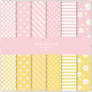 以下が含まれることがあります： ソフトなピンクとイエローのカラーパレットで構成された12種類のパターンを持つデジタルペーパーパック。ホワイトのギンガムチェック、デイジーの花柄、斜めストライプ、水玉模様、水平ストライプのデザインが含まれており、DIGITAL PAPER PACKというテキストが記載されています。