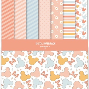May include: A digital paper pack featuring various patterns including diagonal stripes, polka dots, daisies, horizontal stripes, and mouse head silhouettes in peach, light blue, and yellow. The text reads DIGITAL PAPER PACK print and love it!