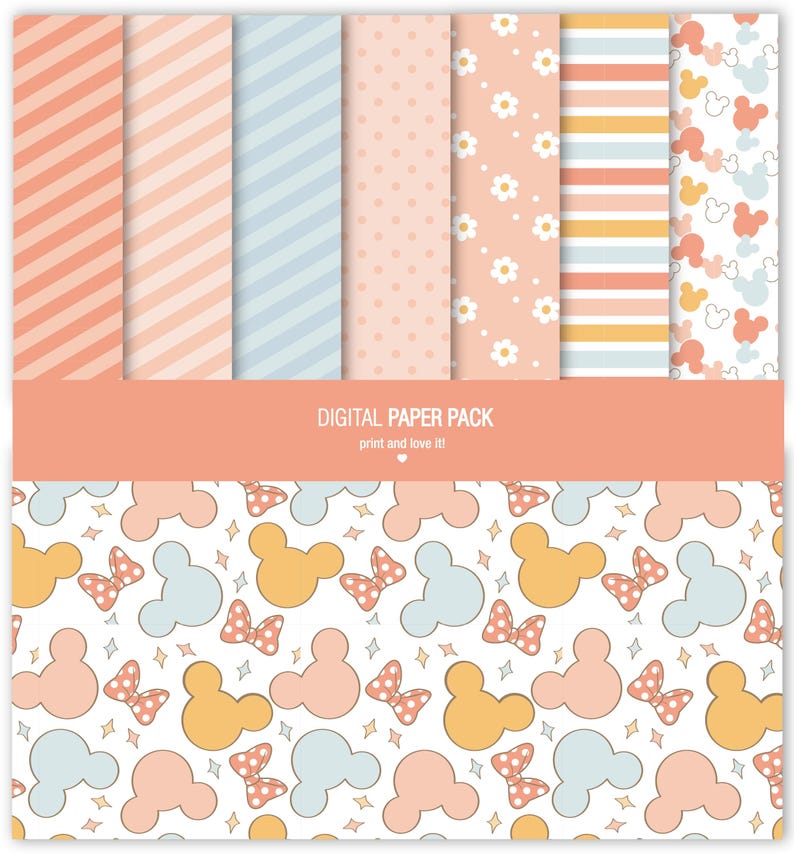 May include: A digital paper pack featuring various patterns including diagonal stripes, polka dots, daisies, horizontal stripes, and mouse head silhouettes in peach, light blue, and yellow. The text reads DIGITAL PAPER PACK print and love it!
