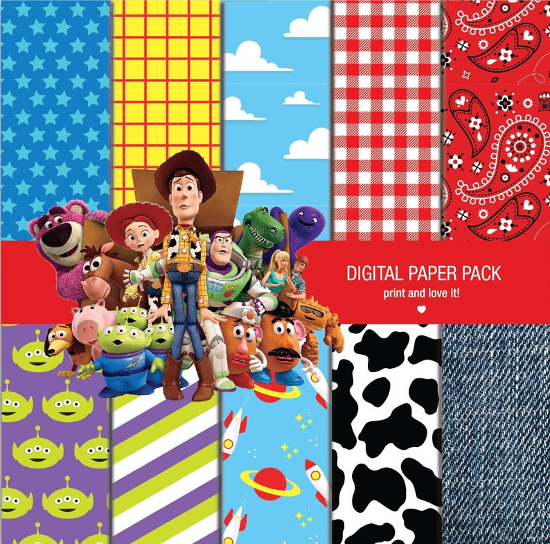May include: Digital paper pack featuring various patterns and characters from a popular animated movie. Includes star, grid, cloud, gingham, paisley, cow print, and denim textures. The pack also features the characters Woody, Buzz Lightyear, and others.