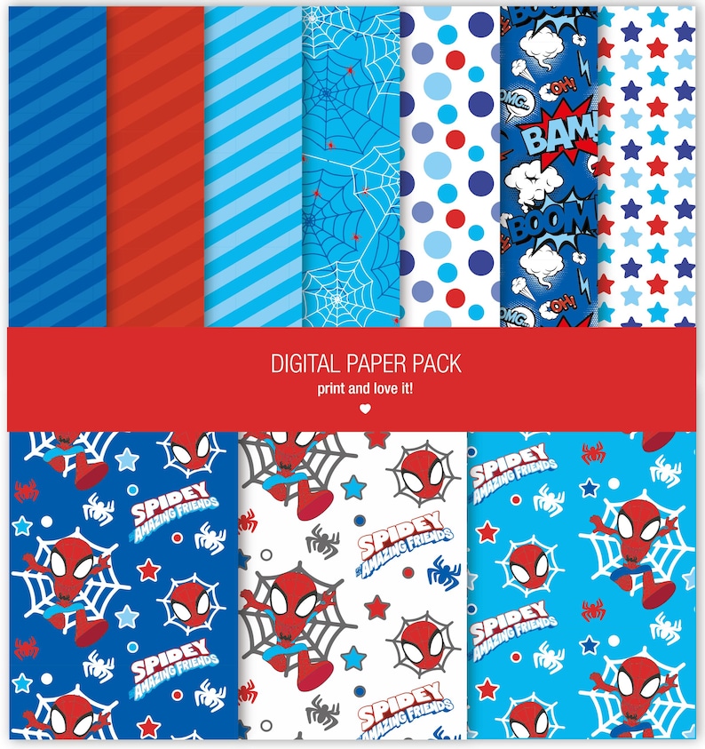 K&ouml;nnte beinhalten: Ein digitales Papierpaket mit zw&ouml;lf verschiedenen Mustern in Rot, Wei&szlig; und Blau. Die Designs umfassen diagonale Streifen, Spinnennetze, Punkte, Comic-Soundeffekte, Sterne und Motive der Spidey Amazing Friends-Charaktere.