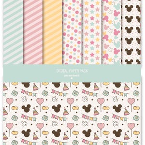 May include: A digital paper pack featuring various patterns. The top row includes striped, polka dot, and star designs in pastel colors. The bottom row showcases a repeating pattern with Mickey Mouse heads, balloons, and party hats. Text reads "DIGITAL PAPER PACK print and love it!"