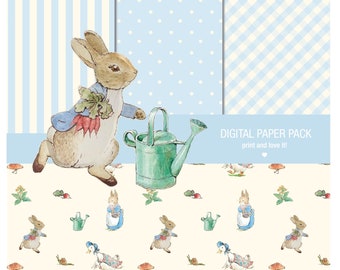 May include: A digital paper pack featuring a cute bunny rabbit holding a watering can and a pattern of bunnies, ducks, and watering cans on a light yellow background. The text "DIGITAL PAPER PACK print and love it!" is on a light blue banner.