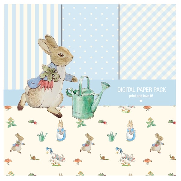 Paquete de papel numérique Peter Rabbit y Clip Art. 12 x 12 feuilles de papier découpé 200 dpi pour scrapbooking + 6 PNG CLIPART