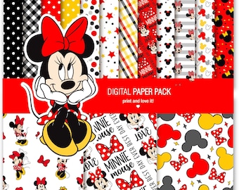 Paquete de papel digital y clip art imprimible de Minnie. Hojas de 12 x 12 de 200 ppp para scrapbooking + 1 PNG