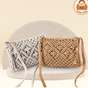 Handgemachte Baumwollseil Stroh Frauen Seitentasche. Vintage Quasten häkeln Makramee Strand Handtasche Kupplung Geldbörsen und Handtaschen für Frauen