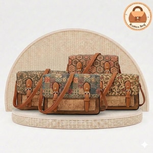 May include: Five cork crossbody bags with patterned flaps and brown leather straps. The bags have a rectangular shape with a buckle closure. The bags are displayed on a white surface with a woven backdrop. The bags have the text "Rattan Bag" on a circular logo.