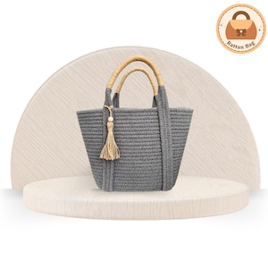 Bolso de mano retro de cuerda de algodón gris. Bolso de mano de ratán con asa superior para mujer