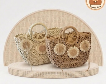Straw Woven Tote Bag for Women | Boho Rattan Beach Bag with Drawstring Closure