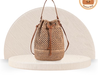 Lightweight Weaving Straw Crochet Shoulder Bag. Hollow Out Drawstring Bucket Bag for Women