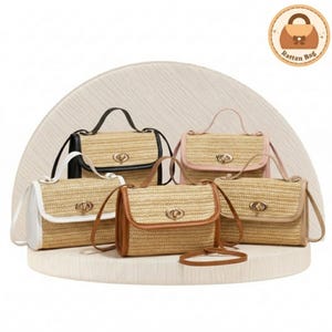 May include: A collection of woven rattan handbags in various colors, including black, white, pink, and brown. Each bag features a flap closure with a gold-tone clasp and a top handle or shoulder strap. The bags are displayed on a white, curved surface.