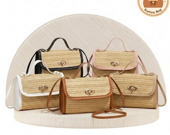 bandoulière tissé en paille pour femme | Mini sac à main d'été | Sacoche en cuir synthétique polyuréthane