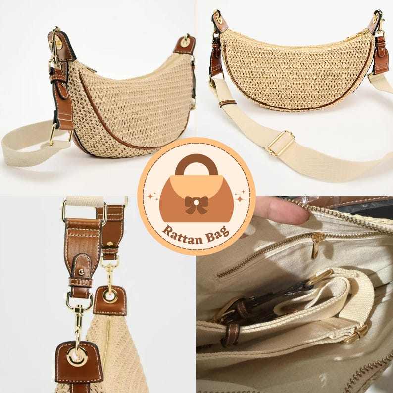 May include: A woven rattan bag with a crescent shape, featuring brown leather accents and a cream-colored adjustable strap. The bag has a zipper closure and gold-toned hardware. The image also includes a logo that says "Rattan Bag".