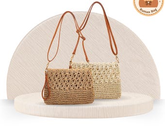 Torebka damska typu crossbody z bawełnianej liny ze słomy z paskami