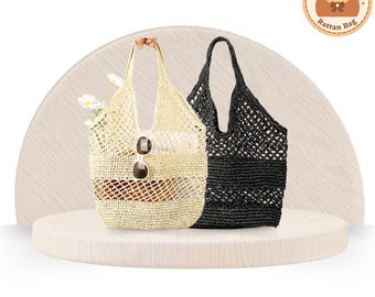 Handmade Natural Straw Beach Tote Bag - Woven Patchwork Halo Design Eco-Friendly Summer Bag