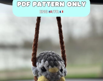 Crochet pattern: penguin on a swing car hanger, mirror hanger, PDF, amigurumi (english and french version)