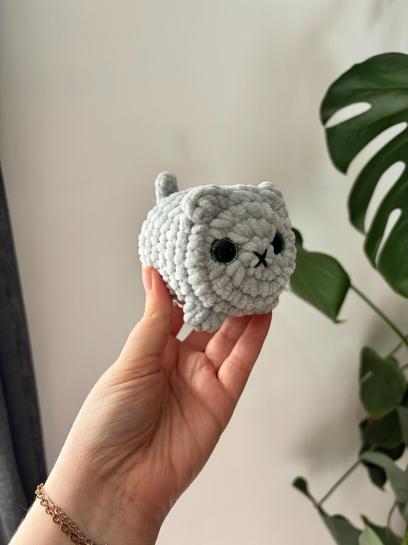 May include: A small, handmade, gray crocheted cat with black eyes and a stitched 'X' for a mouth. The plush toy has a rounded body and a small tail. The cat is held in a hand, with a green plant in the background.