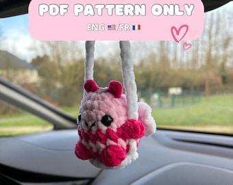 Crochet pattern: love bee on a swing car hanger, mirror hanger, PDF, amigurumi (english and french version)
