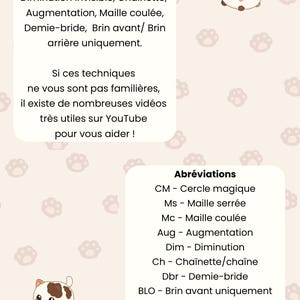 May include: A light beige background with paw prints and a cartoon cat illustration. Text in French lists crochet skills and abbreviations, including "magic circle," "single crochet," and "chain stitch." The text also mentions YouTube videos.