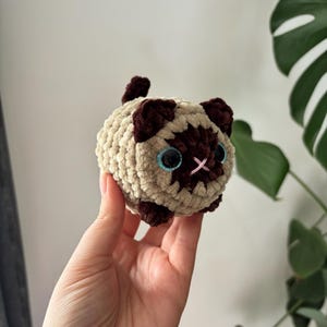 May include: A crocheted cat toy in a Siamese cat design. The plush toy features a beige body with dark brown accents on the ears, face, and paws. It has blue eyes and a pink embroidered nose. The cat toy is round and soft.