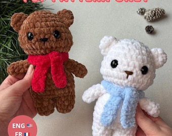 Crochet pattern: standing christmas polar bear, PDF, amigurumi (english and french version)