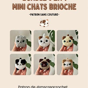 May include: Image features six crocheted mini cat toys in various colors, including gray, white, brown, and black. Each cat has a square body and a small head. The text "BUNDLE 6 EN 1 MINI CHATS BRIOCHE" is at the top.