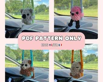 4 in 1 Crochet Pattern: Otter/Flamingo/Koala/Capybara on a swing car hanger, miror hanger, PDF, amigurumi (english and french version)